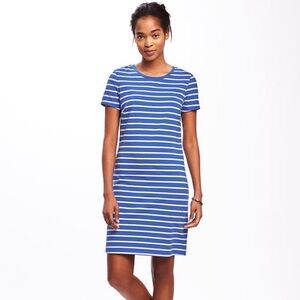 Blue and White Striped Tee Dress Short Sleeves Casual Coastal Vacation Comfy